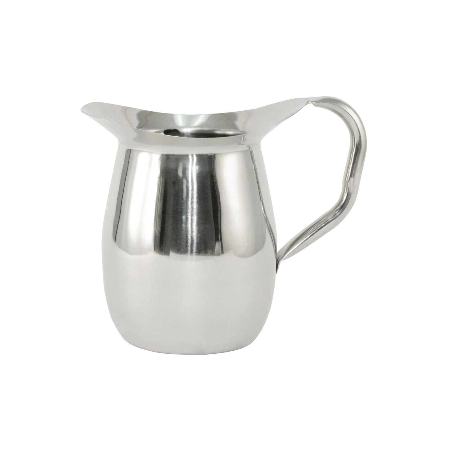 Stainless steel smooth pitcher with ice guard, 3 QT / 96 oz, durable, rust-resistant, spill-free pouring, and polished for beverage service in restaurants. Packed 12 each per case.