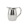Stainless steel smooth pitcher with ice guard, 2 QT / 64 oz, durable, rust-resistant, with clean pour control and polished finish. Great for foodservice. Packed 12 each per case.