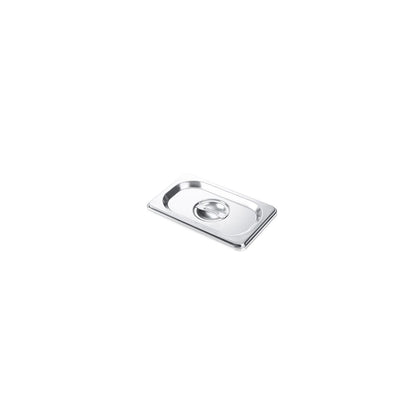 Stainless steel solid 1/9 steam pan cover designed to retain heat and prevent contamination. Ideal for commercial kitchens and catering. Packed 72 each per case for bulk use.
