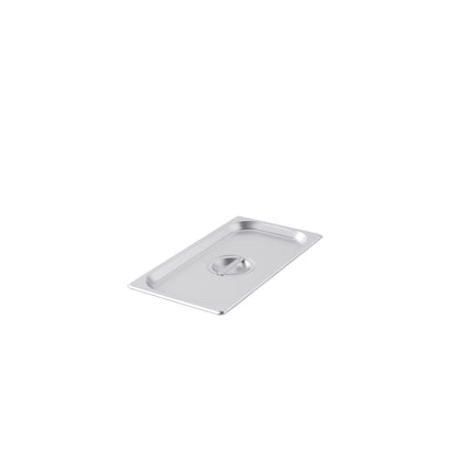 Stainless steel solid steam pan cover in 1/3 size for heat retention and food safety in commercial kitchens, buffets, and catering. Durable and rust-resistant. Packed 72 each per case.