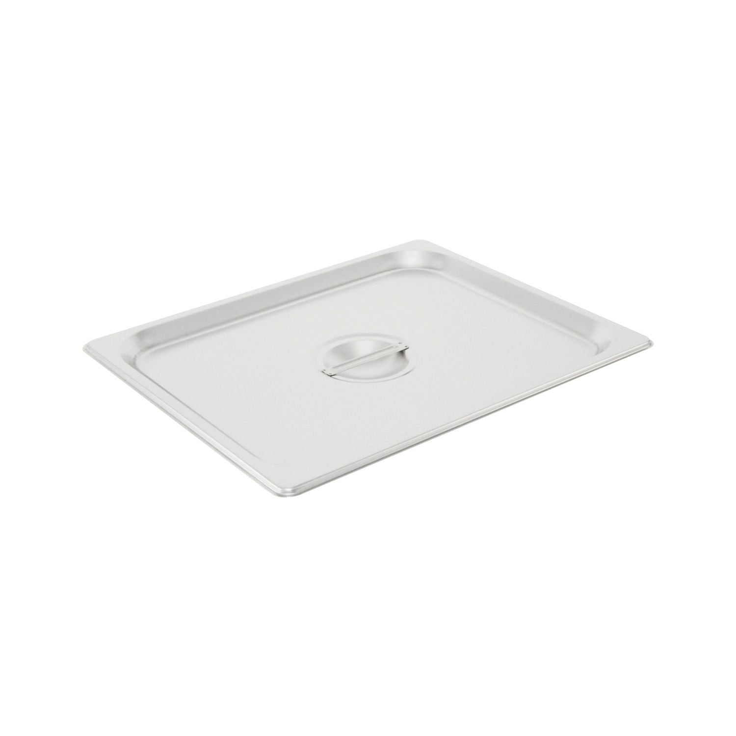 Stainless steel steam pan cover solid 1/2 size, fits standard half pans. Rust-resistant, easy to clean, great for heat retention and food protection in restaurants or buffets.