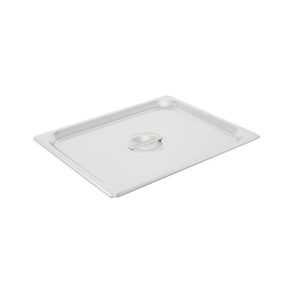 Stainless steel steam pan cover solid 1/2 size, fits standard half pans. Rust-resistant, easy to clean, great for heat retention and food protection in restaurants or buffets.
