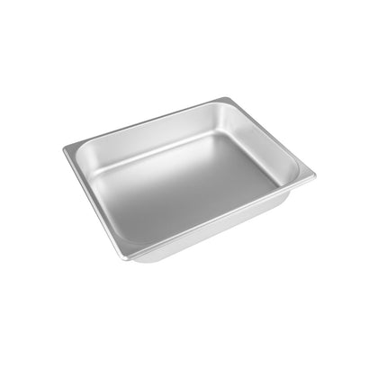 Steam Pan Stainless Steel 1/2 size, 25 gauge standard 2-1/2 inch deep pan, durable and corrosion-resistant for commercial kitchens. Packed 24 each per case for steam table use.