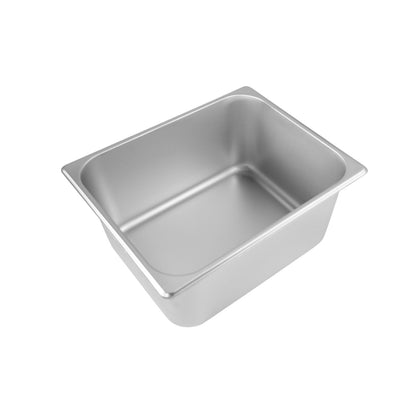 Steam pan 1/2 size, 25 gauge stainless steel, standard design with 6-inch depth. Durable, corrosion-resistant, stackable, ideal for commercial kitchen food prep and buffet service. Packed 12 per case.