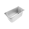 Steam pan stainless steel 1/3 size, 25 gauge, standard 6-inch depth, durable, corrosion-resistant, stackable, easy to clean, ideal for commercial kitchens and catering, packed 24 each per case.