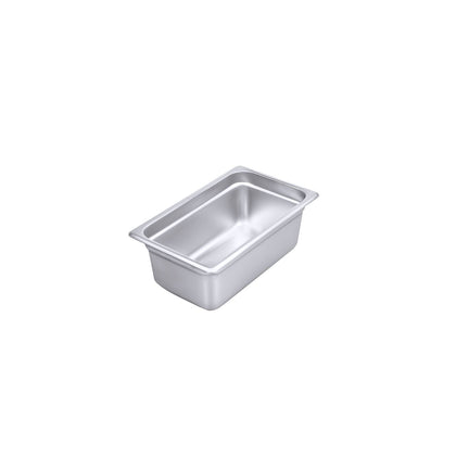 Steam pan stainless steel 1/4 size, 24 gauge, anti-jam 4-inch depth, durable, corrosion-resistant, easy to clean, stackable, ideal for catering and steam tables, packed 48 per case.