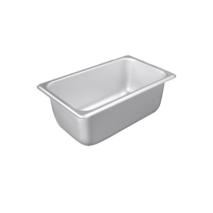 Steam pan stainless steel 1/4 size, 25 gauge, standard 4-inch depth, durable, corrosion-resistant, easy to clean and stackable, ideal for catering and commercial kitchens, packed 48 per case.