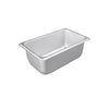 Steam pan stainless steel 1/4 size, 25 gauge, standard 4-inch depth, durable, corrosion-resistant, easy to clean and stackable, ideal for catering and commercial kitchens, packed 48 per case.