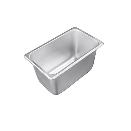 Steam pan stainless steel 1/4 size, 25 gauge, standard 6-inch depth, durable, corrosion-resistant, easy to clean and stackable, ideal for buffets and commercial use, packed 24 per case.