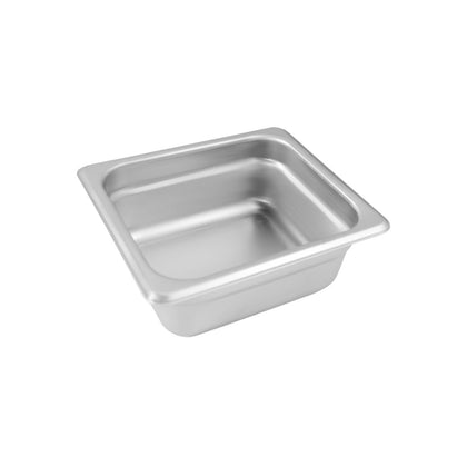 Steam pan stainless steel 1/6 size, 23 gauge, anti-jam 2-1/2 inch depth, durable, corrosion-resistant, easy to clean and stackable, for foodservice operations, packed 72 each per case.