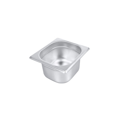 Steam pan stainless steel 1/6 size, 23 gauge, anti-jam 4-inch depth, durable, corrosion-resistant, easy to clean, stackable, ideal for commercial kitchens, packed 48 each per case.