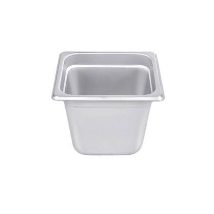 Steam pan stainless steel 1/6 size, 24 gauge, anti-jam 6-inch depth, durable, corrosion-resistant, easy to clean and stackable, perfect for commercial kitchens and catering, packed 48 each per case.