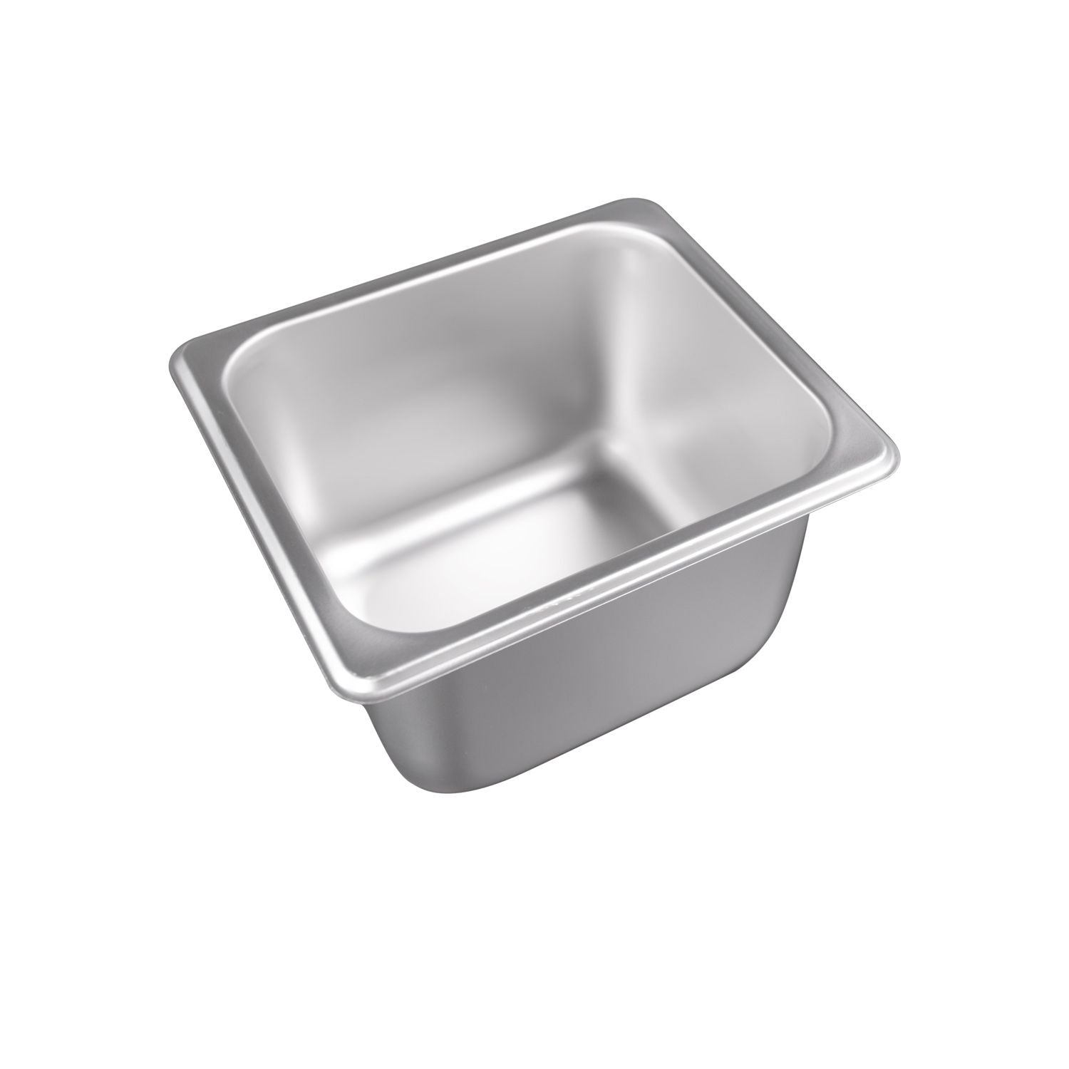Steam pan stainless steel 1/6 size, 25 gauge, standard 4-inch depth, durable, corrosion-resistant, stackable, easy to clean, ideal for restaurants and catering, packed 48 each per case.