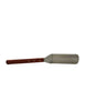 Extra-long wooden handle stainless steel turner for precise cooking and flipping.