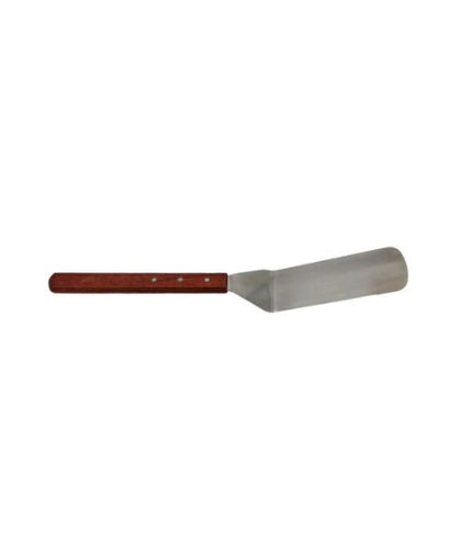 Durable stainless steel turner with long wooden handle for grilling and frying.