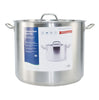 60QT stainless steel stock pot with lid, rust-resistant and induction-compatible, designed for large-volume cooking in commercial kitchens; durable and easy to clean, packed 1 set per case.