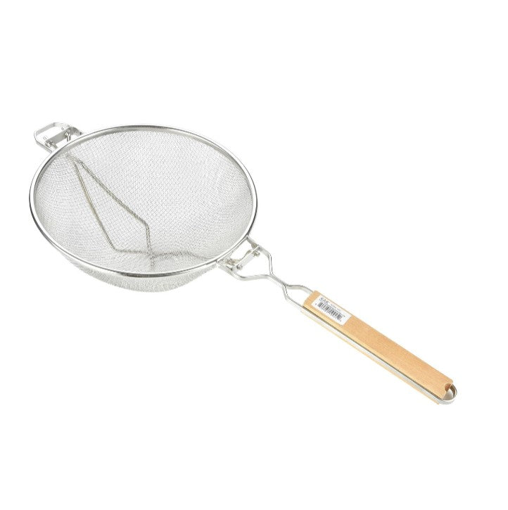 Stainless steel mesh strainer with reinforced double layer and wood handle, 10-1/4 inch diameter, durable, rust-resistant, comfortable grip, ideal for commercial kitchens, packed 12 each per case.