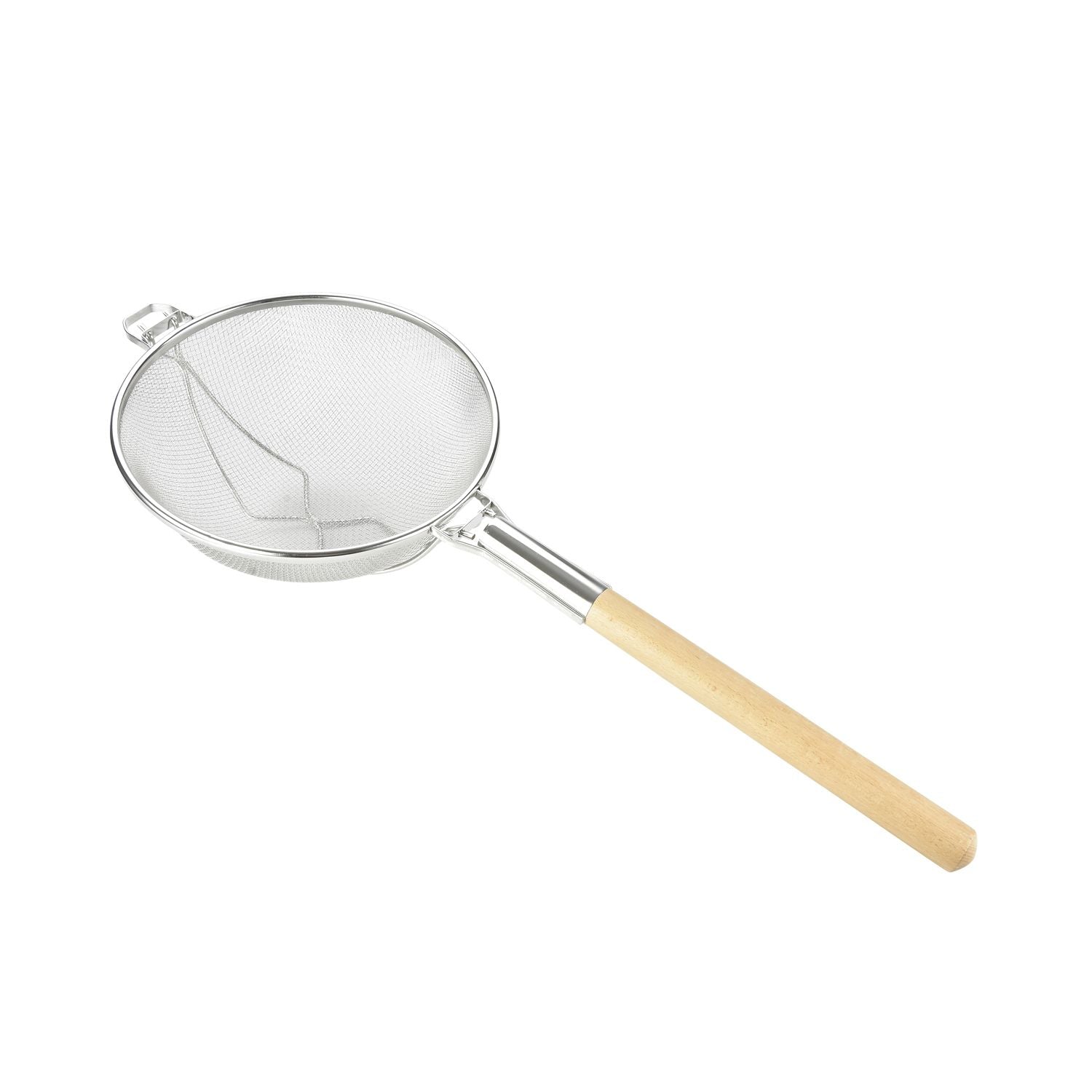 Stainless steel mesh strainer reinforced double layer with wood handle, 12-inch diameter, durable, rust-resistant, comfortable grip, ideal for commercial kitchens and home use, packed 6 each per case.