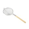 Stainless steel mesh strainer reinforced double layer with wood handle, 14-inch diameter, durable, rust-resistant, comfortable grip, ideal for commercial kitchens and home use, packed 6 each per case.