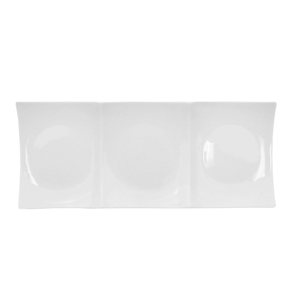 Modern 11.5-inch 3-section rectangular platter made of durable ceramic. Perfect for serving appetizers, dips, and sides. Microwave and dishwasher safe with a scratch-resistant glazed finish.