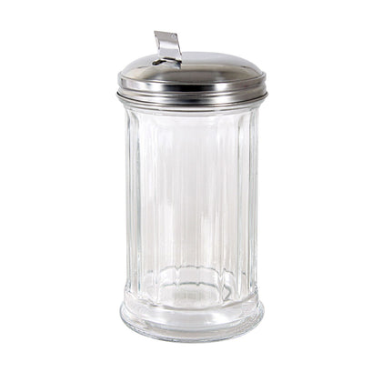 12oz glass sugar pourer with stainless steel flap cap; controlled pouring, durable, easy to refill and clean, protects contents, reduces mess; packed 4 dozen per pack; ideal for cafes and diners.