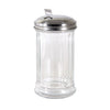 12oz glass sugar pourer with stainless steel flap cap; controlled pouring, durable, easy to refill and clean, protects contents, reduces mess; packed 4 dozen per pack; ideal for cafes and diners.