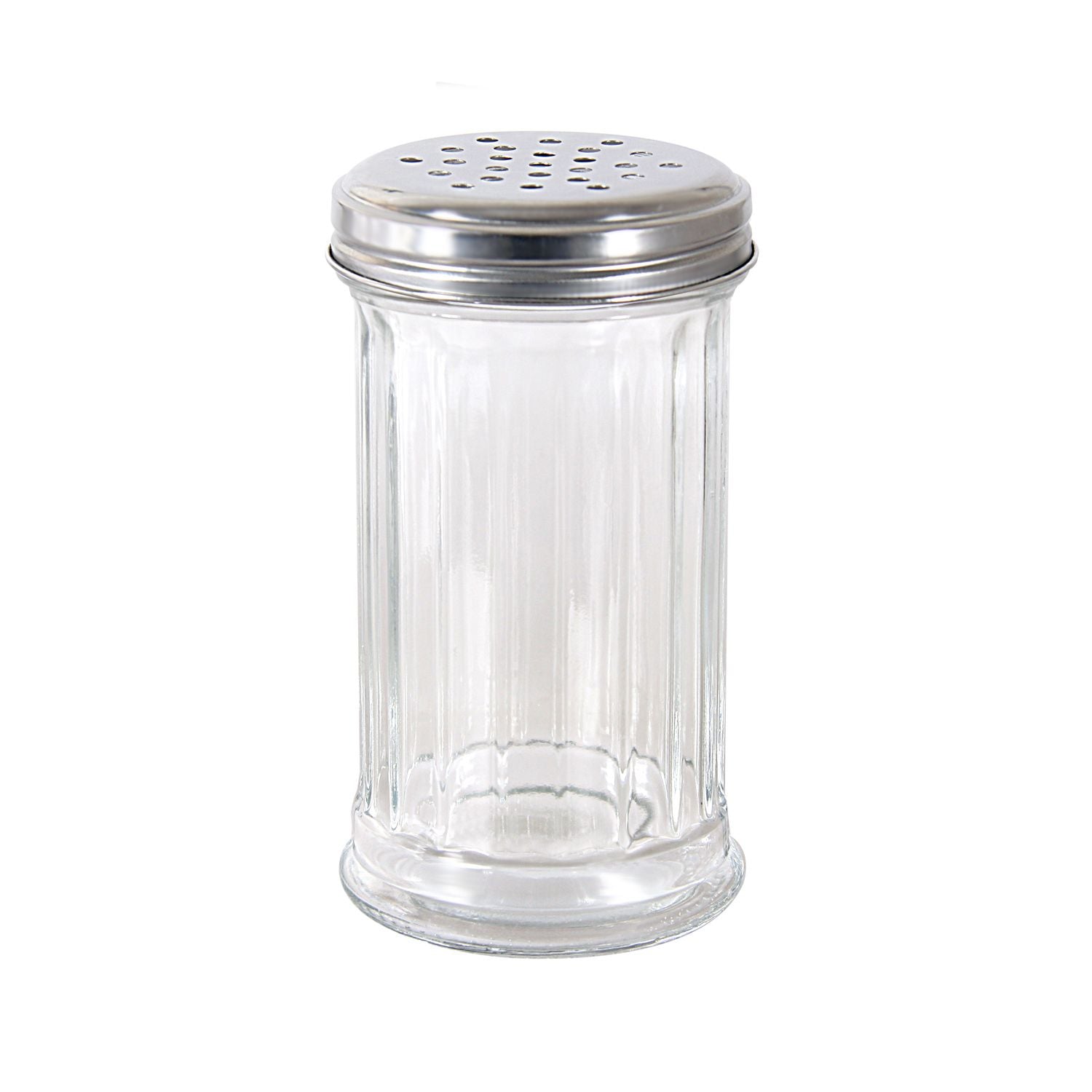 12oz glass sugar pourer with stainless steel perforated cap; durable, clear glass, smooth dispensing, easy to refill and clean; packed 4 dozen per pack; ideal for restaurants, cafes, and diners.