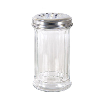12oz glass sugar pourer with stainless steel perforated cap; durable, clear glass, smooth dispensing, easy to refill and clean; packed 4 dozen per pack; ideal for restaurants, cafes, and diners.