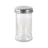 12oz glass sugar pourer with stainless steel perforated cap; durable, clear glass, smooth dispensing, easy to refill and clean; packed 4 dozen per pack; ideal for restaurants, cafes, and diners.