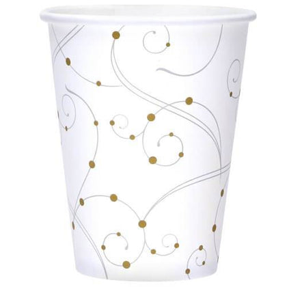 Elegant 12oz Swirls & Pearls Hot/Cold Cups for stylish party drinks. Durable, disposable, perfect for weddings, events, and more. Disposable elegance for hot and cold beverages.