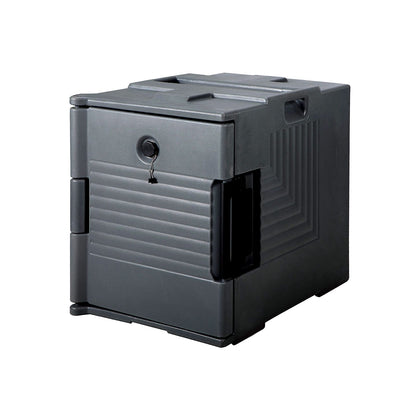 Insulated table pan carrier 1/1 size with 1 compartment, durable plastic, tight-sealing door, thermal insulation, molded handles, stackable, ideal for catering, food delivery, and commercial kitchens