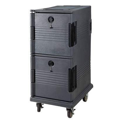 Insulated table pan carrier with 2 compartments for 1/1 size pans, durable plastic construction, tight-sealing doors, thick insulation, stackable, ideal for catering, transport, and food delivery