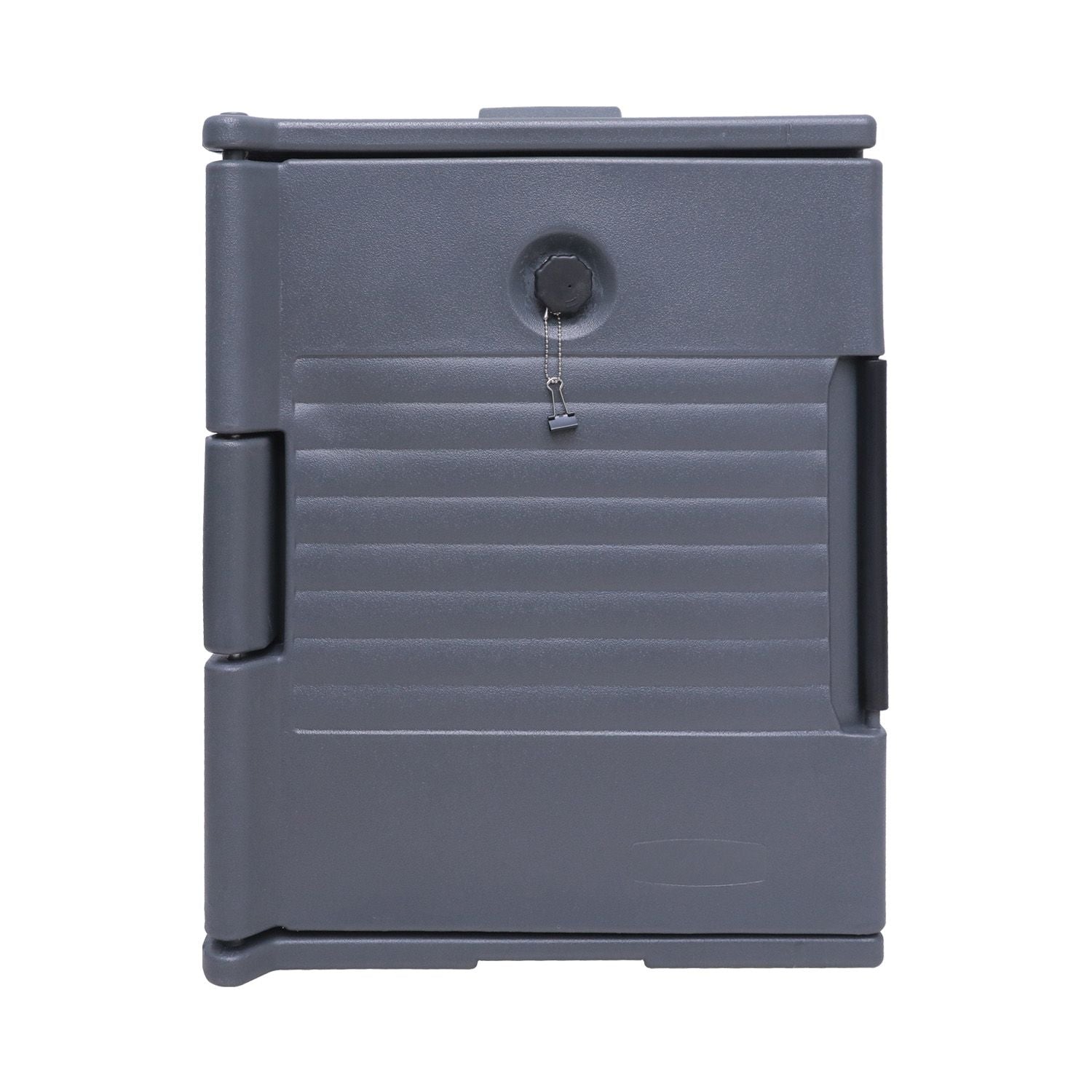 Gray insulated table pan carrier for 1/1 pans, 26-3/8 x 18-1/2 x 24-1/4 inches, durable plastic, tight-sealing door, thick insulation, molded handles, stackable, ideal for catering and food delivery