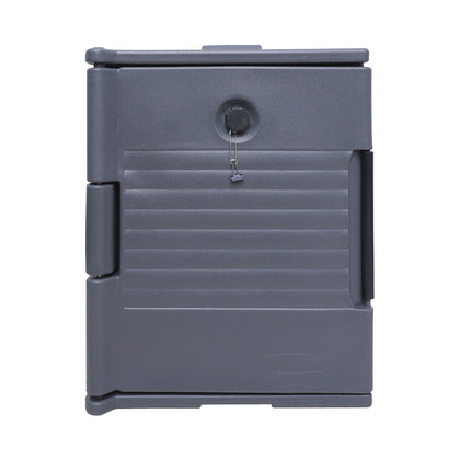 Gray insulated table pan carrier for 1/1 pans, 26-3/8 x 18-1/2 x 24-1/4 inches, durable plastic, tight-sealing door, thick insulation, molded handles, stackable, ideal for catering and food delivery