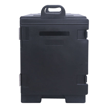 Black insulated table pan carrier with extended handle, fits 1/1 pans, durable plastic, tight-sealing door, thick insulation, stackable, ideal for catering, delivery, and commercial food transport
