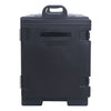 Black insulated table pan carrier with extended handle, fits 1/1 pans, durable plastic, tight-sealing door, thick insulation, stackable, ideal for catering, delivery, and commercial food transport