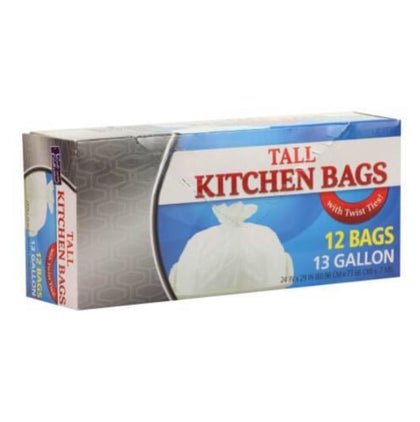 13-gallon tall kitchen trash bags for home use. Tear-resistant, durable, and leakproof to handle food scraps, packaging, and household waste. Fits standard tall bins for clean and organized spaces.