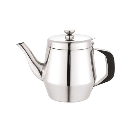 32oz stainless steel gooseneck teapot with mirror finish and precision spout for pour-over coffee or tea; durable, rust- and heat-resistant; perfect for cafés, homes, or commercial use.