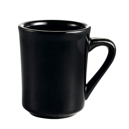 Tierra 8oz black coffee mug with glossy finish, 3 1/8 inches tall, chip-resistant, microwave and dishwasher safe, ideal for daily use in home kitchens or professional cafes.