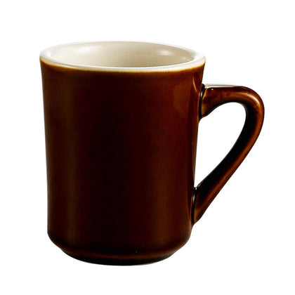 Tierra 8oz brown coffee mug with artisan white interior, 3 1/8 inches tall, chip-resistant, microwave and dishwasher safe, stylish and practical for everyday use or coffee service.