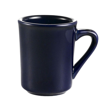 Tierra 8oz cobalt blue coffee mug with artisan white interior, 3 1/8 inches tall, chip-resistant, microwave and dishwasher safe, perfect for stylish everyday coffee or tea use.