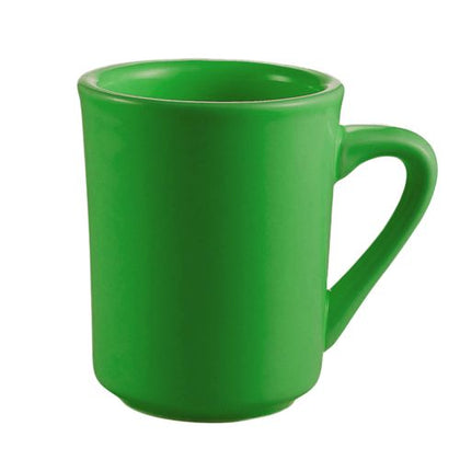 Tierra 8oz green coffee mug with artisan white interior, 3 1/8 inches tall, chip-resistant, microwave and dishwasher safe, stylish and functional for coffee, tea, or daily use.