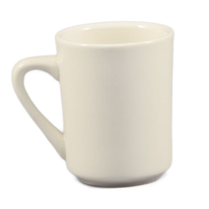 Tierra American White 8oz mug with classic white finish, 3 1/8 inches tall, chip-resistant, microwave and dishwasher safe, ideal for coffee, tea, or espresso in home or café use.