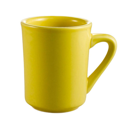 Tierra Yellow Mug 8oz with bright yellow finish, 3 1/8 inches tall, durable and chip-resistant, microwave and dishwasher safe, perfect for coffee, tea, or hot beverages in any setting.