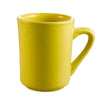 Tierra Yellow Mug 8oz with bright yellow finish, 3 1/8 inches tall, durable and chip-resistant, microwave and dishwasher safe, perfect for coffee, tea, or hot beverages in any setting.