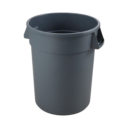 Gray 32-gallon commercial trash can with reinforced rim and base, built-in handles, easy-to-clean surface, heavy-duty design ideal for restaurants, schools, offices, and industrial environments