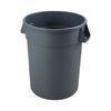 Gray 32-gallon commercial trash can with reinforced rim and base, built-in handles, easy-to-clean surface, heavy-duty design ideal for restaurants, schools, offices, and industrial environments