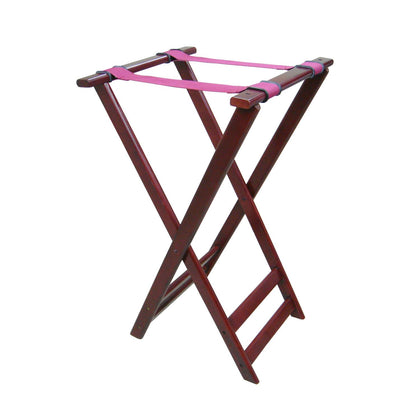 Wooden tray stand 32-1/4 inches high with mahogany finish, foldable frame, and rubber-padded top; durable and elegant solution for restaurants, banquets, and food service professionals