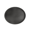Durable 27x22-inch black oval tray made from super plastic, crack-resistant, lightweight, easy to clean, ideal for serving and organizing in commercial kitchens, packed 6 each per case.