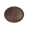 Durable 27x22-inch oval tray in brown super plastic, crack-resistant, lightweight, easy to clean, ideal for serving and organizing in commercial kitchens and catering, packed 6 each per case.